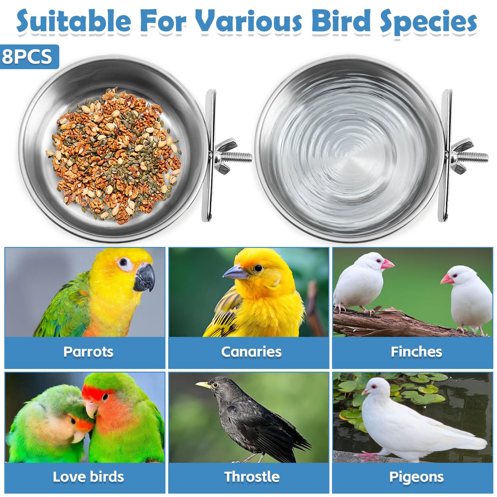 Eight-pack Kathson bowls designed for parrots, finches, and other small pets.
