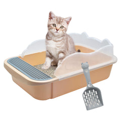 Kathson open cat litter box with high sides reduces spray and supports airflow.