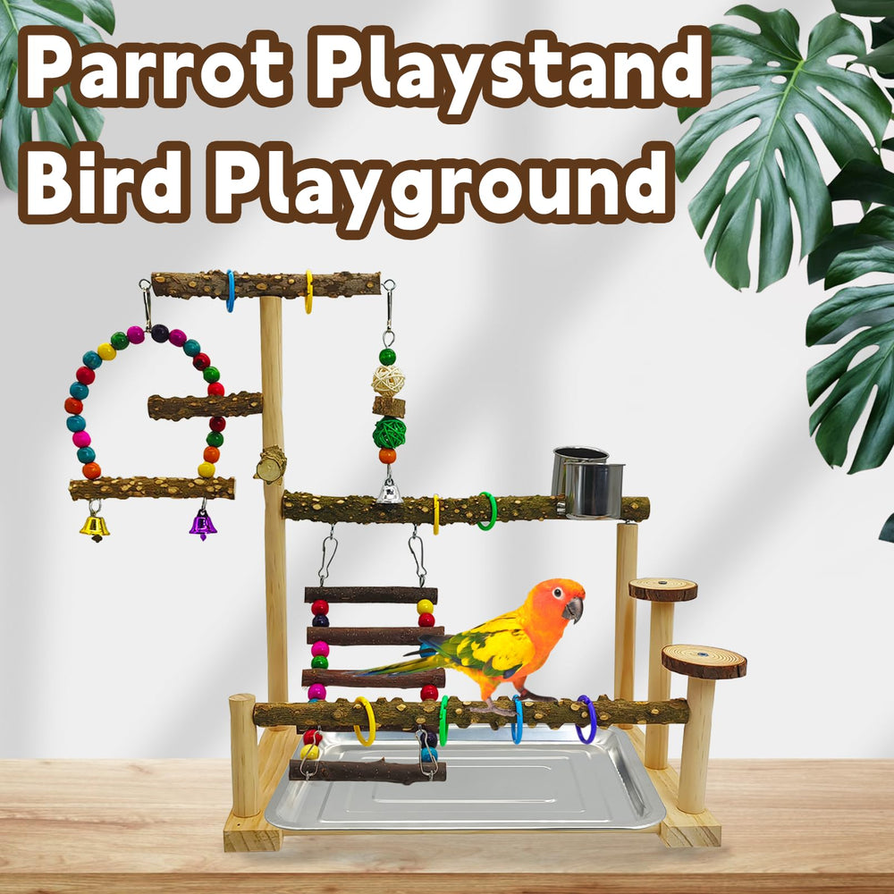 Kathson Parrot Play Stand with feeding cups for convenient meals during play.