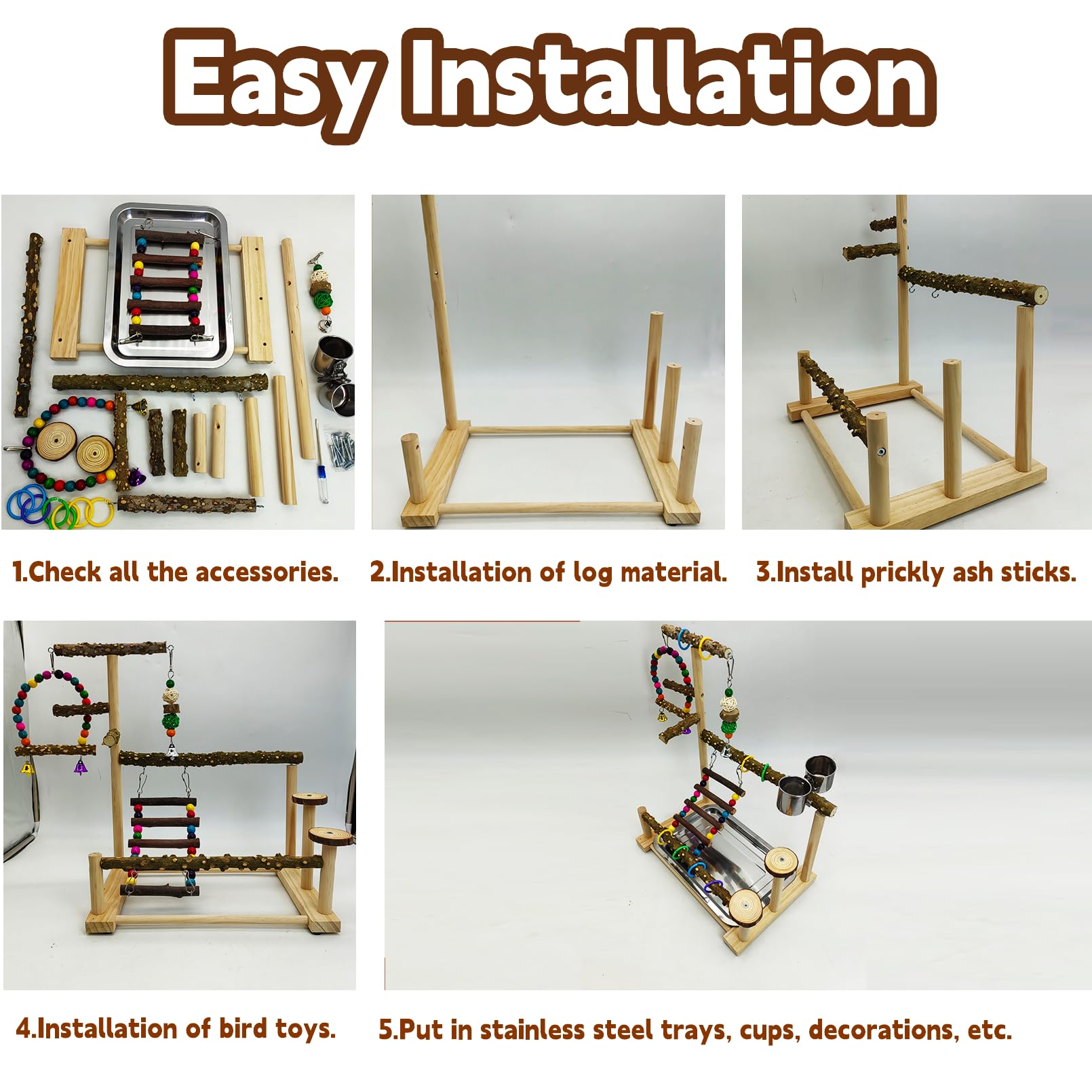 Kathson Parrot Play Stand includes wooden swings and bells for engaging stimulation.