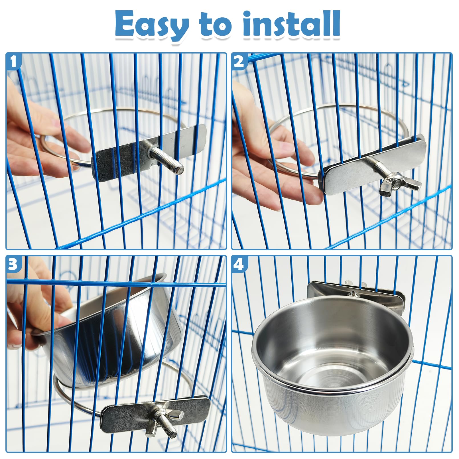 Sturdy Kathson stainless steel bowls prevent tipping during energetic cage play.
