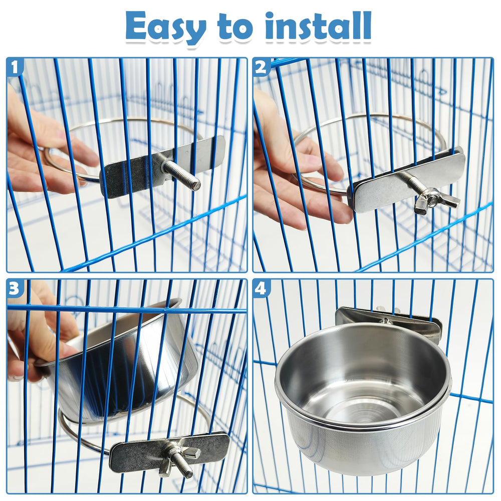 Sturdy Kathson stainless steel bowls prevent tipping during energetic cage play.