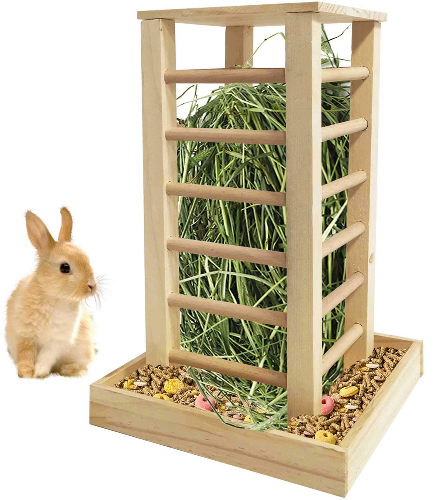 Kathson wooden hay feeder rabbit stand; stable base for tidy feeding.