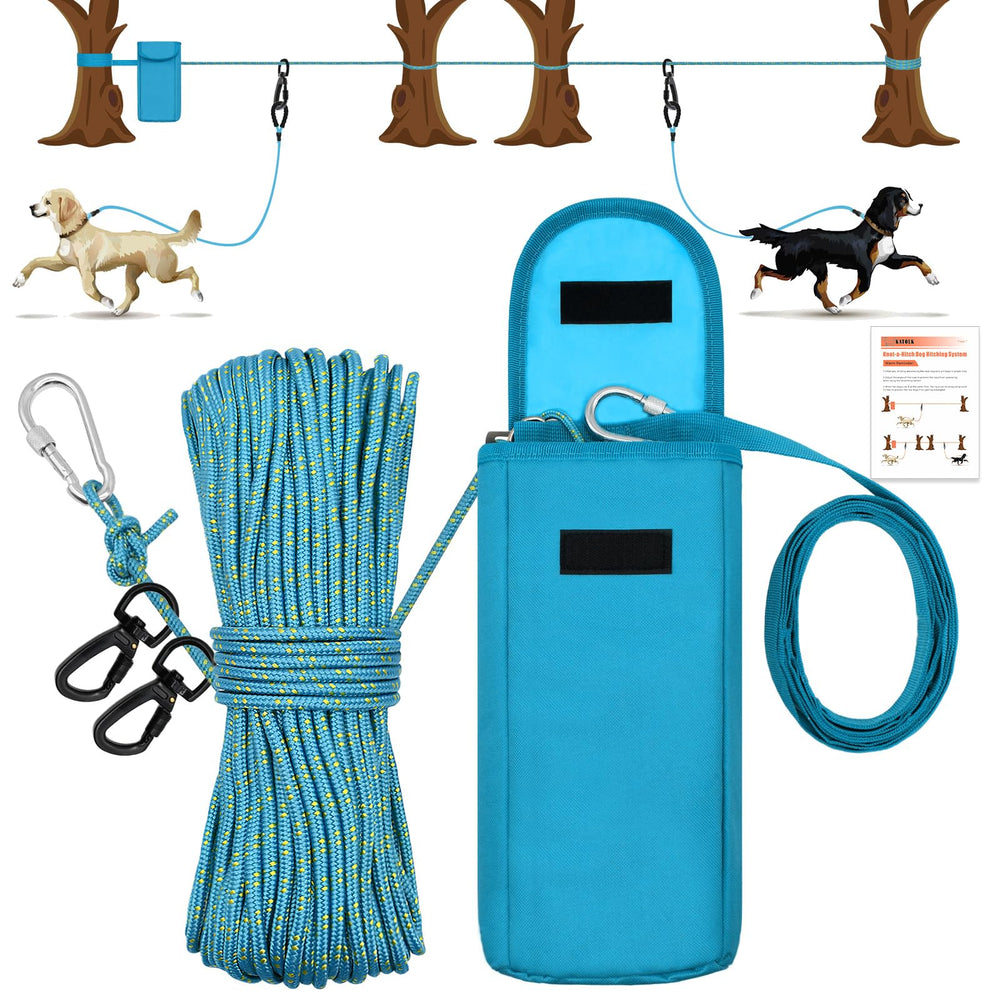 KATOLK upgraded dog tie-out cable 100ft in use for two dogs outdoors.