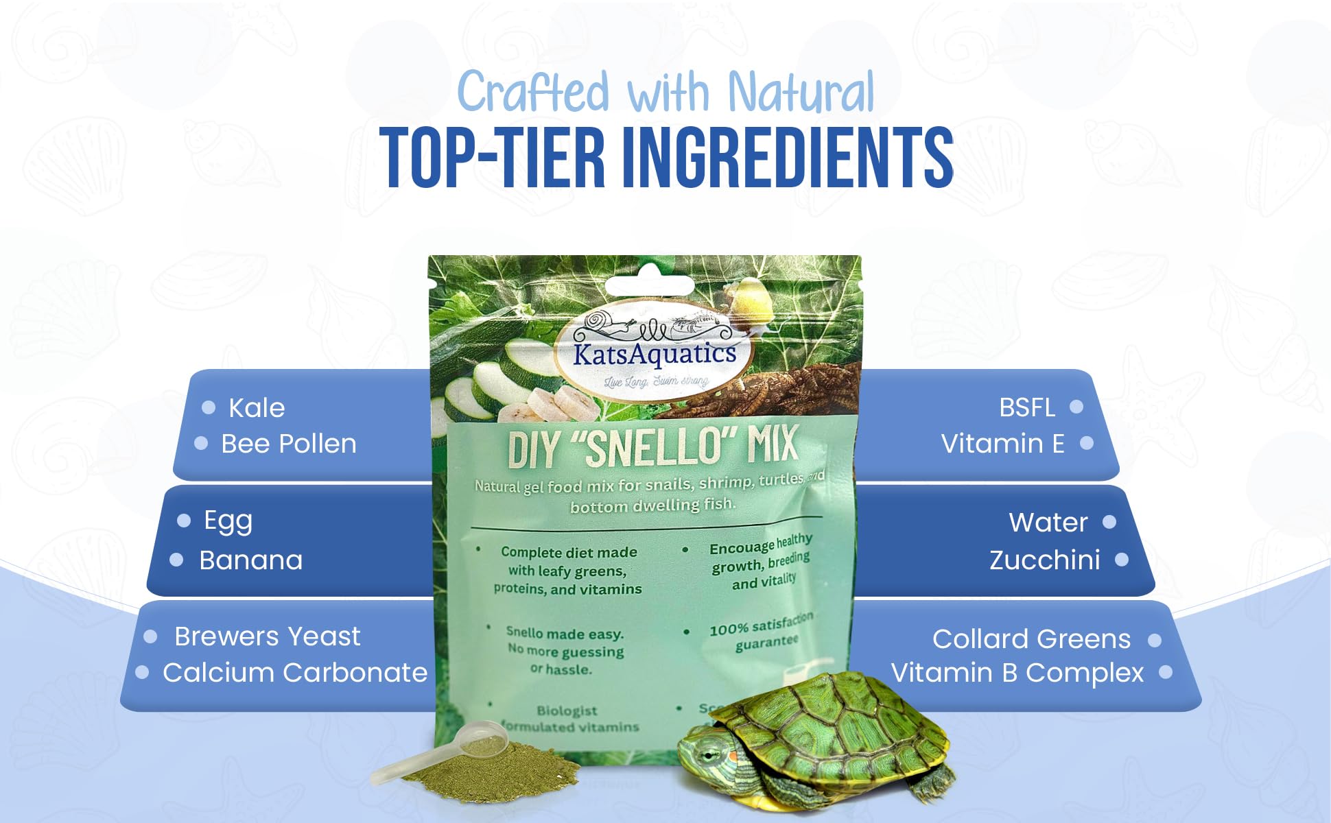 KatsAquatics Nourish Snello Powder packaging highlights no artificial fillers.