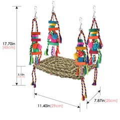 KATUMO colorful chewing toys attached to seagrass mat entice gentle nibbling.