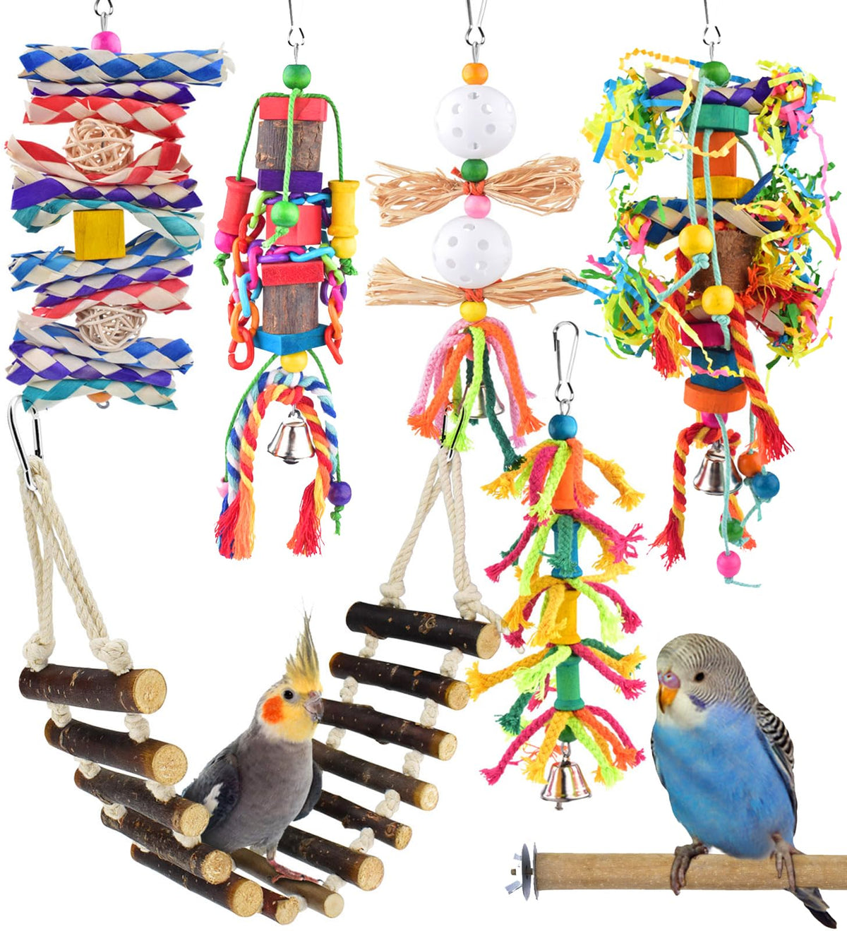 KATUMO Bird Toys variety parakeet set keeps small birds entertained and active.