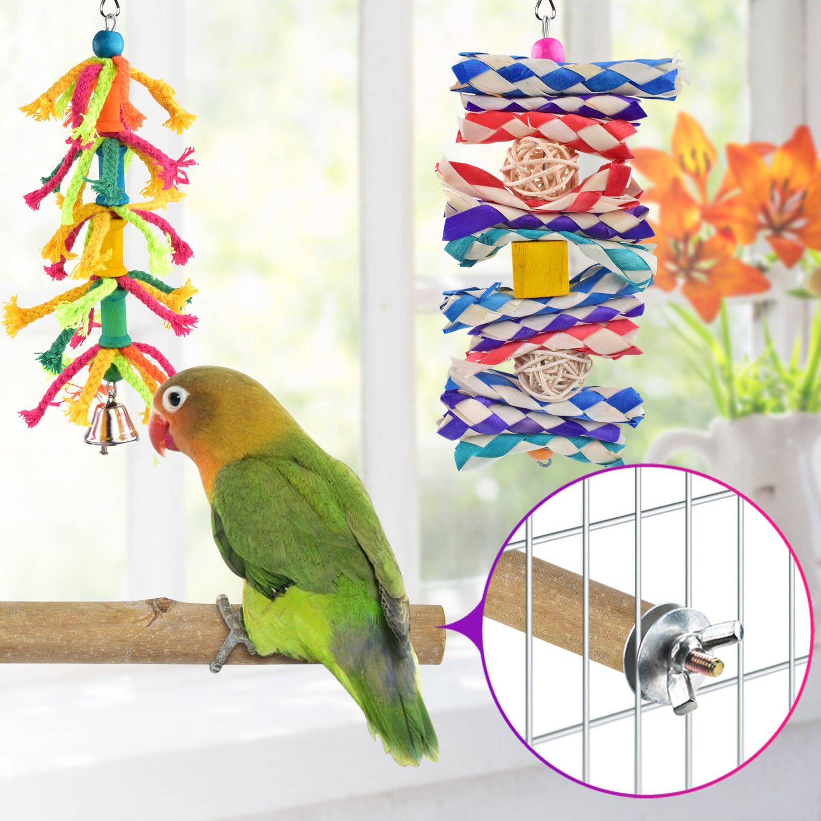 KATUMO wooden bird perch gives a sturdy resting spot inside the cage.