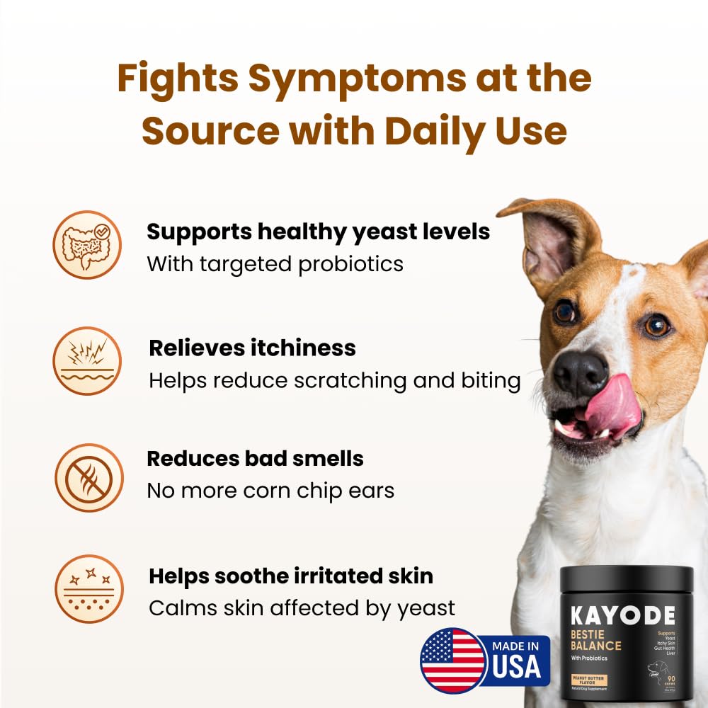 Kayode Bestie Balance dog probiotic chews shown for paw itch relief and gut support.
