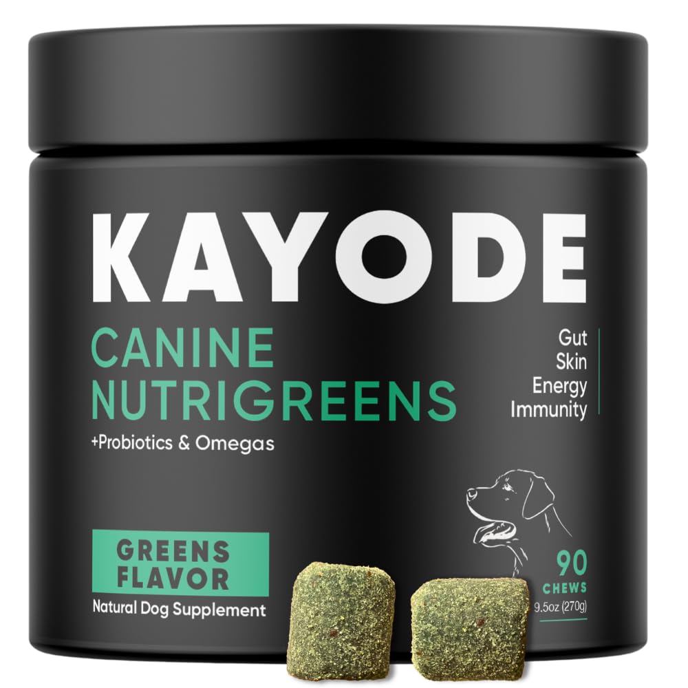 Kayode Canine NutriGreens bottle front shows daily vitality support for dogs
