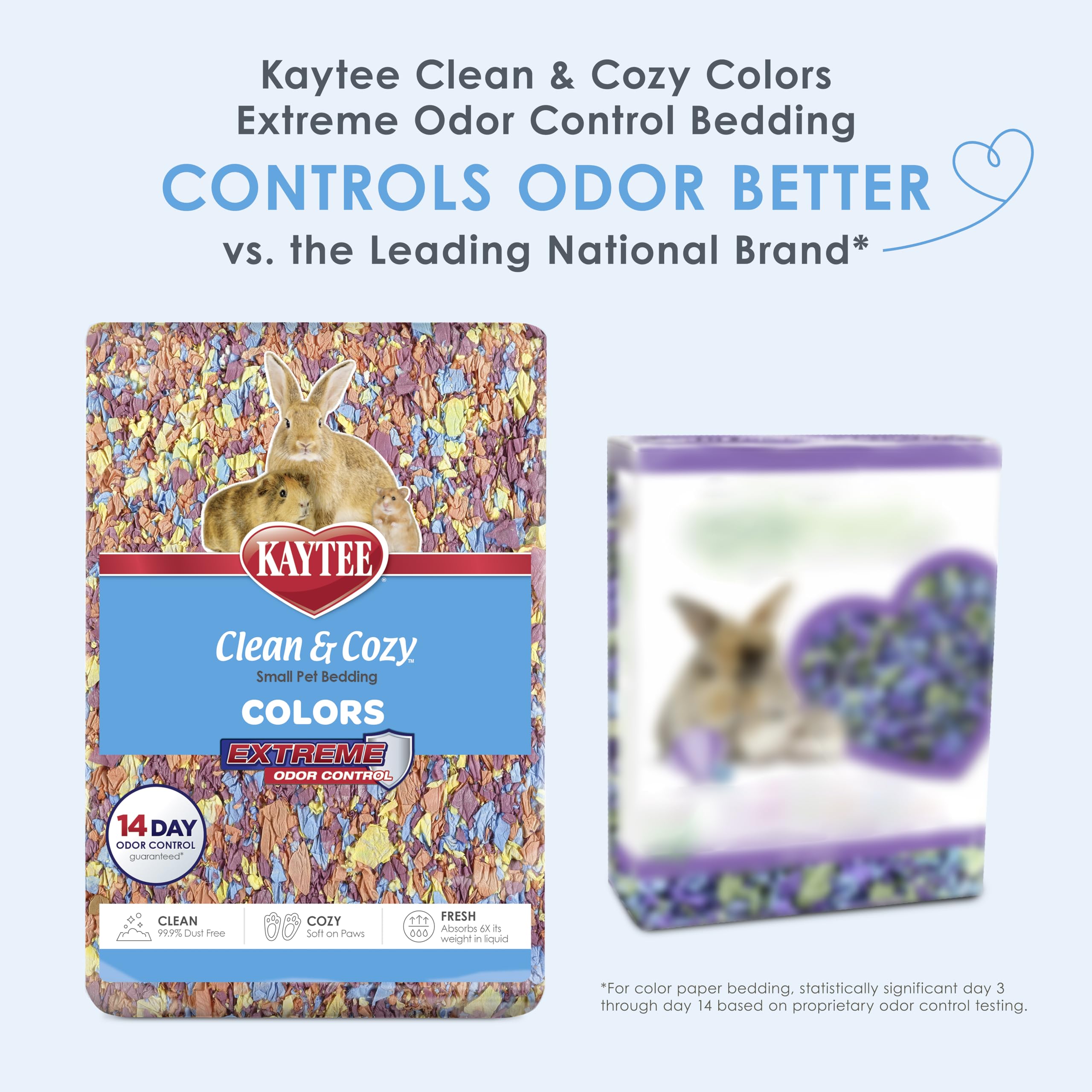 Kaytee Clean & Cozy Colors odor-control bedding neutralizes ammonia for a fresher habitat.