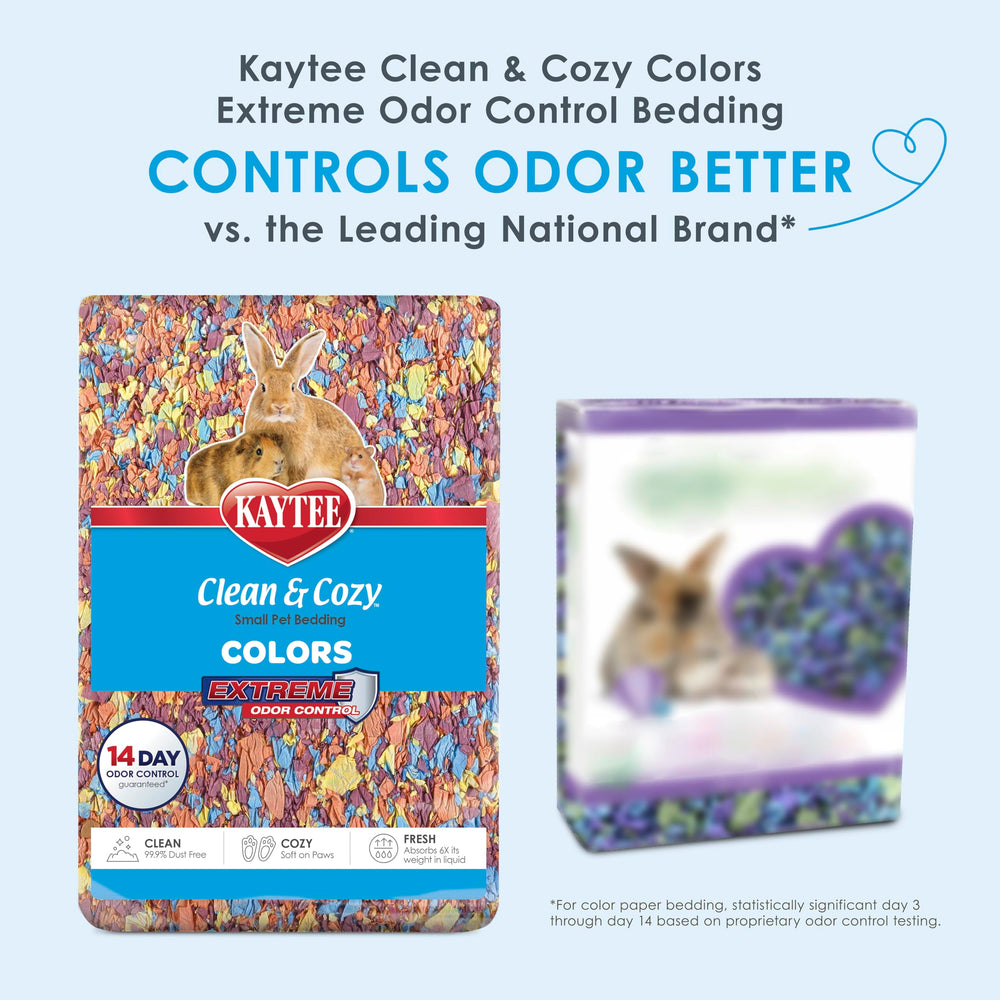 Kaytee Clean & Cozy Colors odor-control bedding neutralizes ammonia for a fresher habitat.