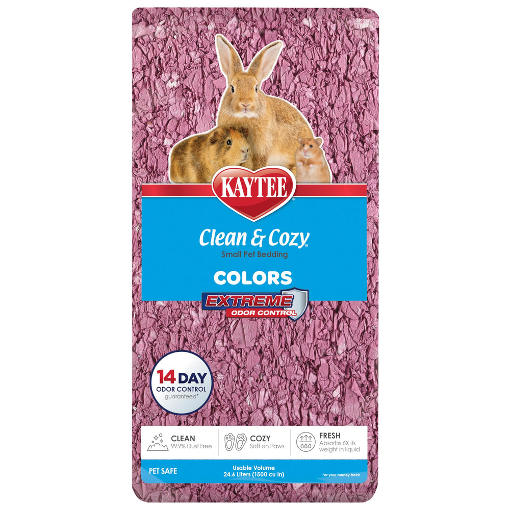 Kaytee Clean & Cozy Colors bedding packaging shows vibrant colors and odor-control features.