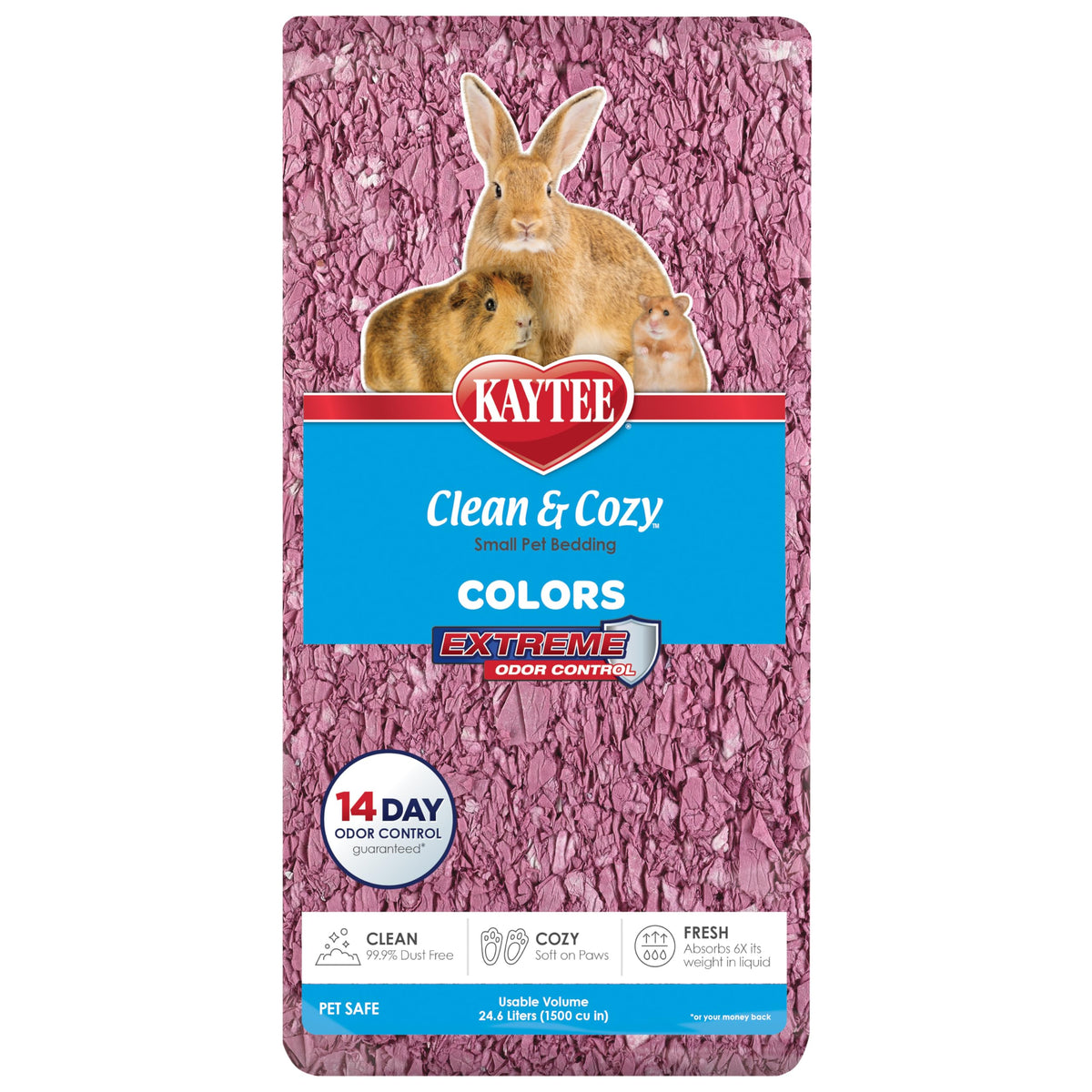 Kaytee Clean & Cozy Colors bedding packaging shows vibrant colors and odor-control features.