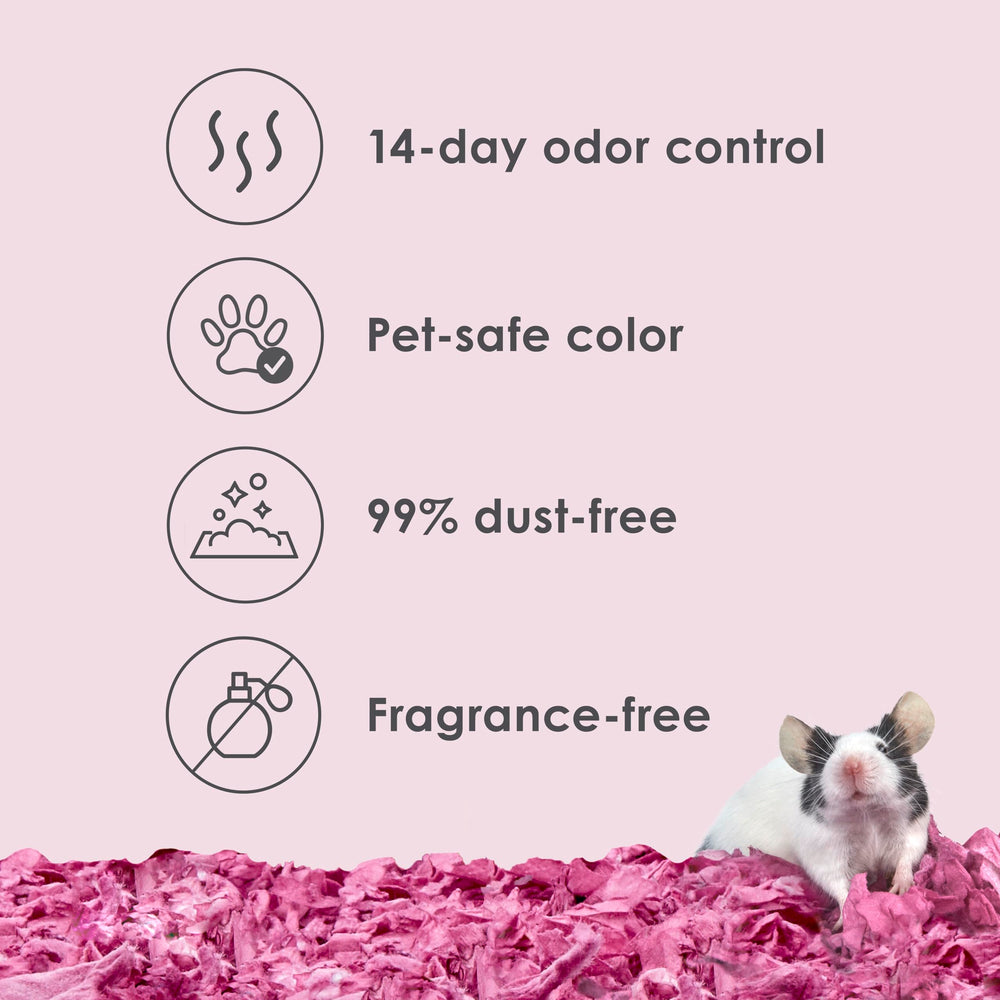 Kaytee Clean & Cozy Colors Plum bedding closeup demonstrates 14-day odor control