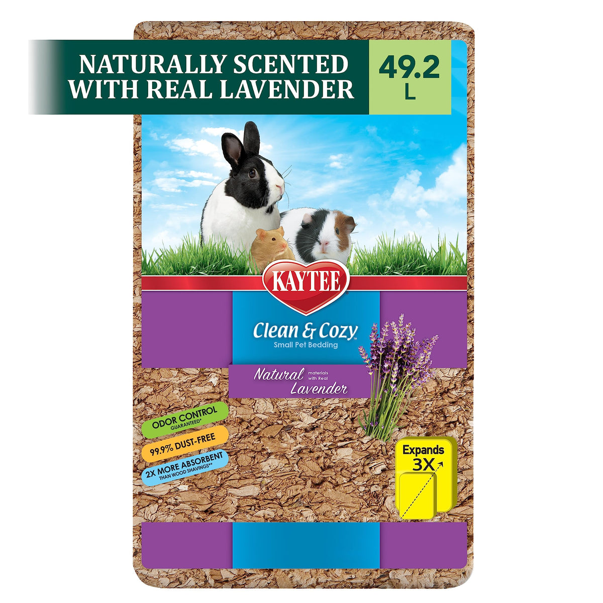 Kaytee Clean & Cozy Lavender Bedding with real lavender buds for natural odor control.