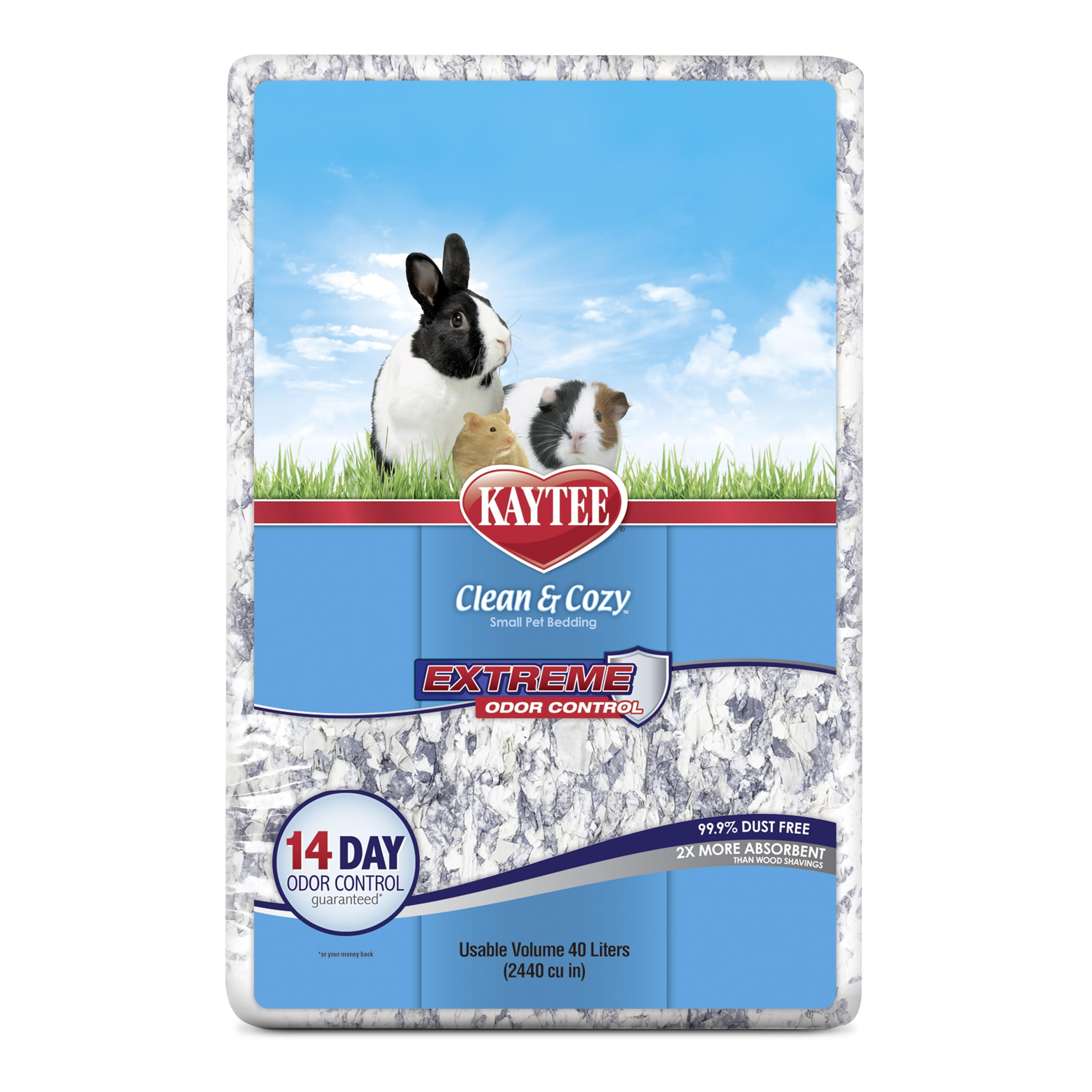 Kaytee Clean & Cozy odor-control bedding shows 14-day freshness for small pets.