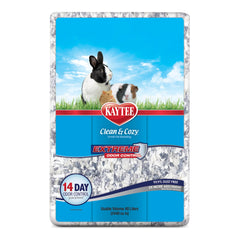 Kaytee Clean & Cozy odor-control bedding shows 14-day freshness for small pets.