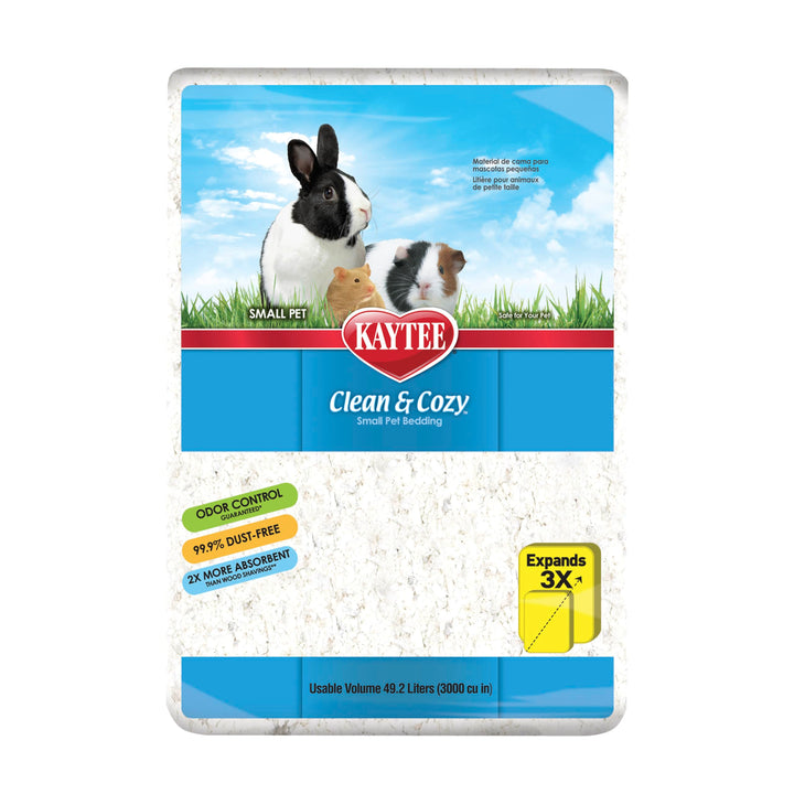 Kaytee Clean & Cozy packaging showing premium white paper bedding for a gentle nap