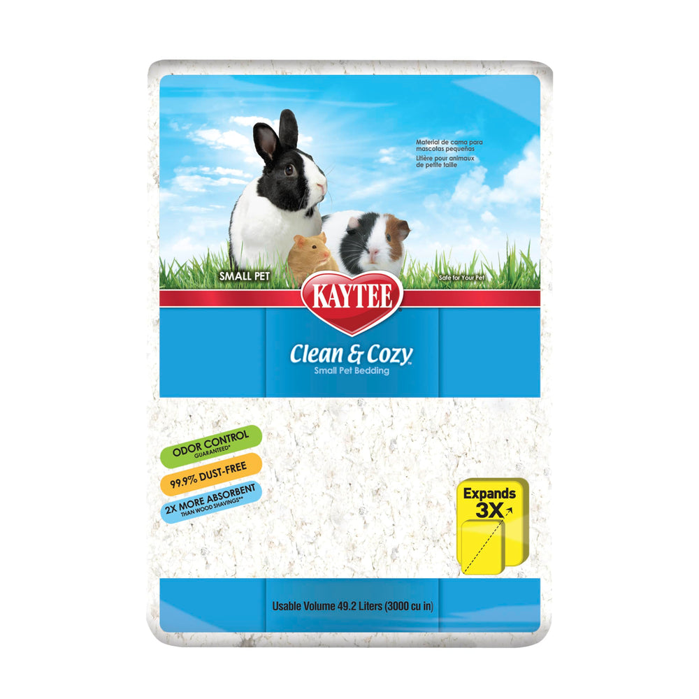 Kaytee Clean & Cozy packaging showing premium white paper bedding for a gentle nap