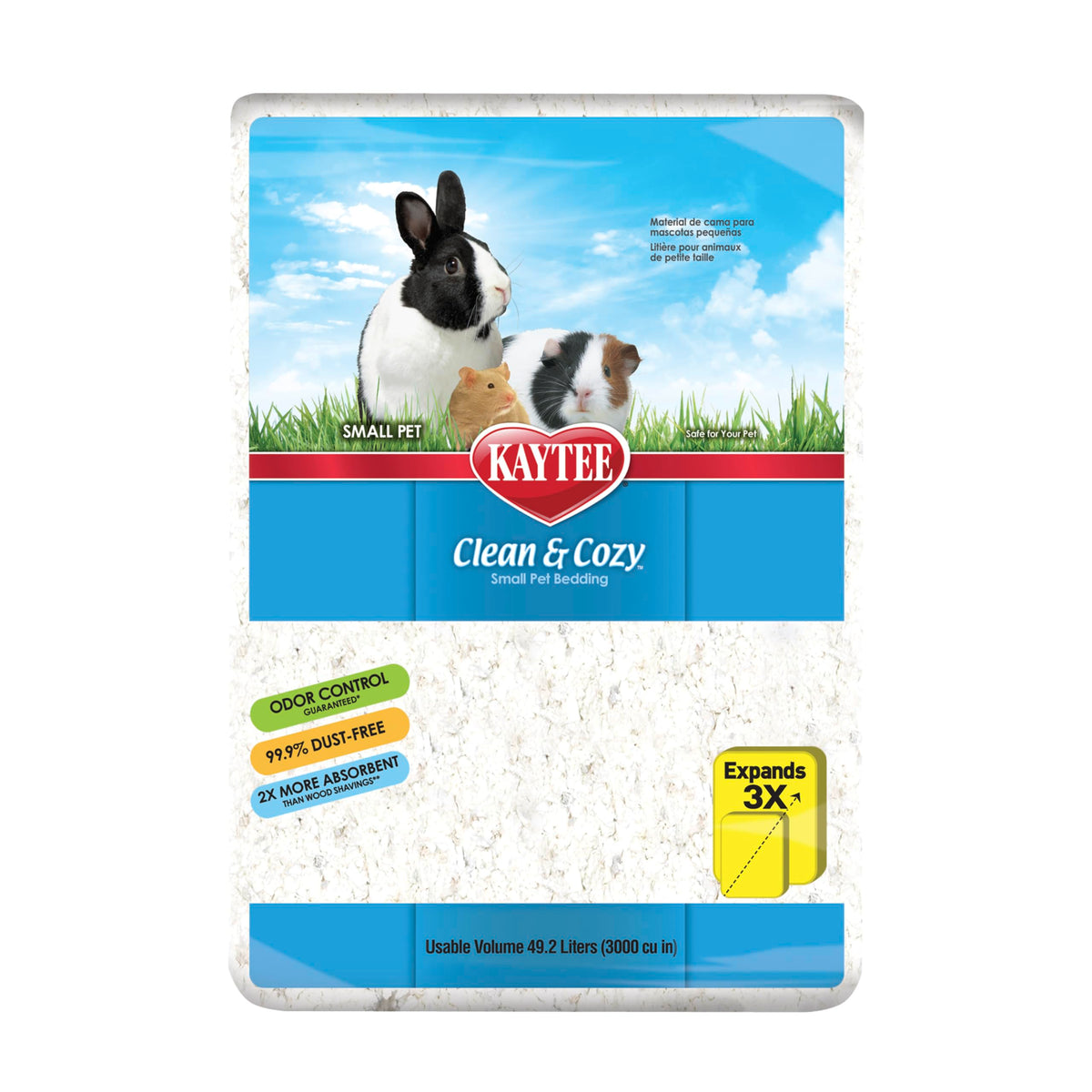Kaytee Clean & Cozy packaging showing premium white paper bedding for a gentle nap