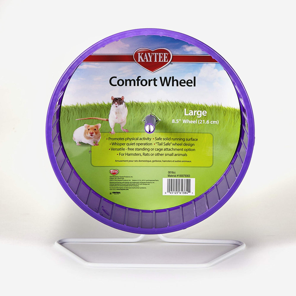 Kaytee Comfort Wheel 8.5-inch cage clip shows secure mounting for wire cages.