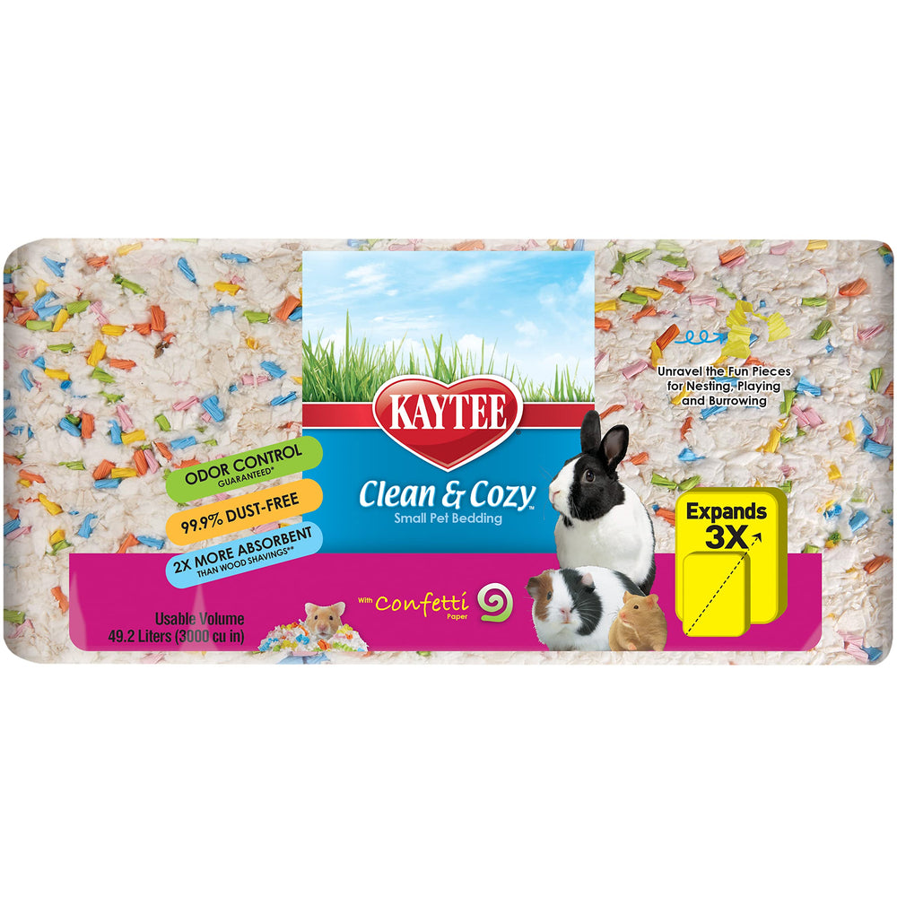 Kaytee Confetti Bedding reveals expansion to three times its size when in use.
