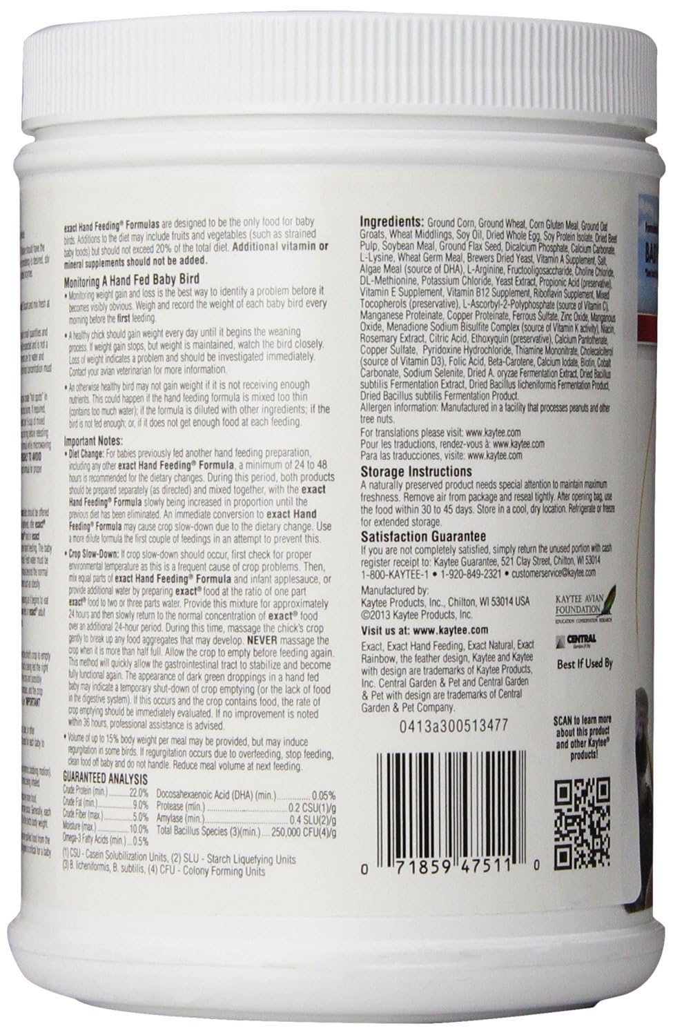 Kaytee Exact Hand Feeding for Baby Bird close-up label shows easy preparation