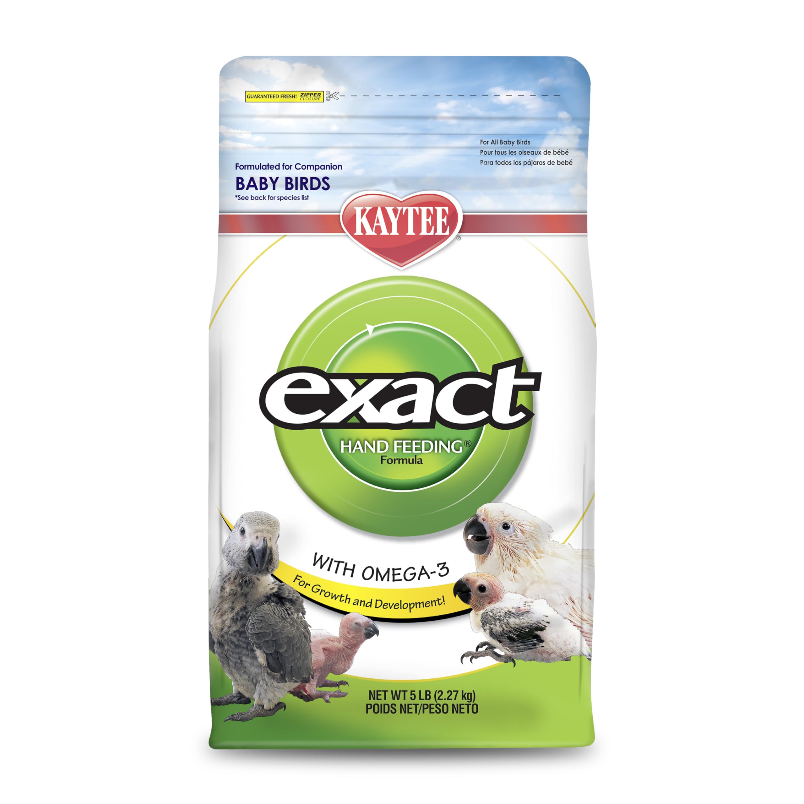 Kaytee Exact Hand Feeding Formula bag 5-lb showing balanced nutrition for baby birds.