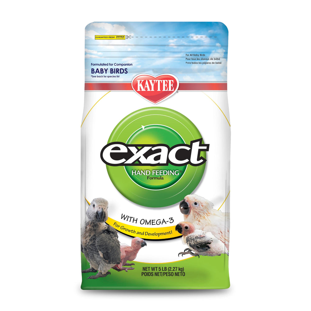 Kaytee Exact Hand Feeding Formula bag 5-lb showing balanced nutrition for baby birds.
