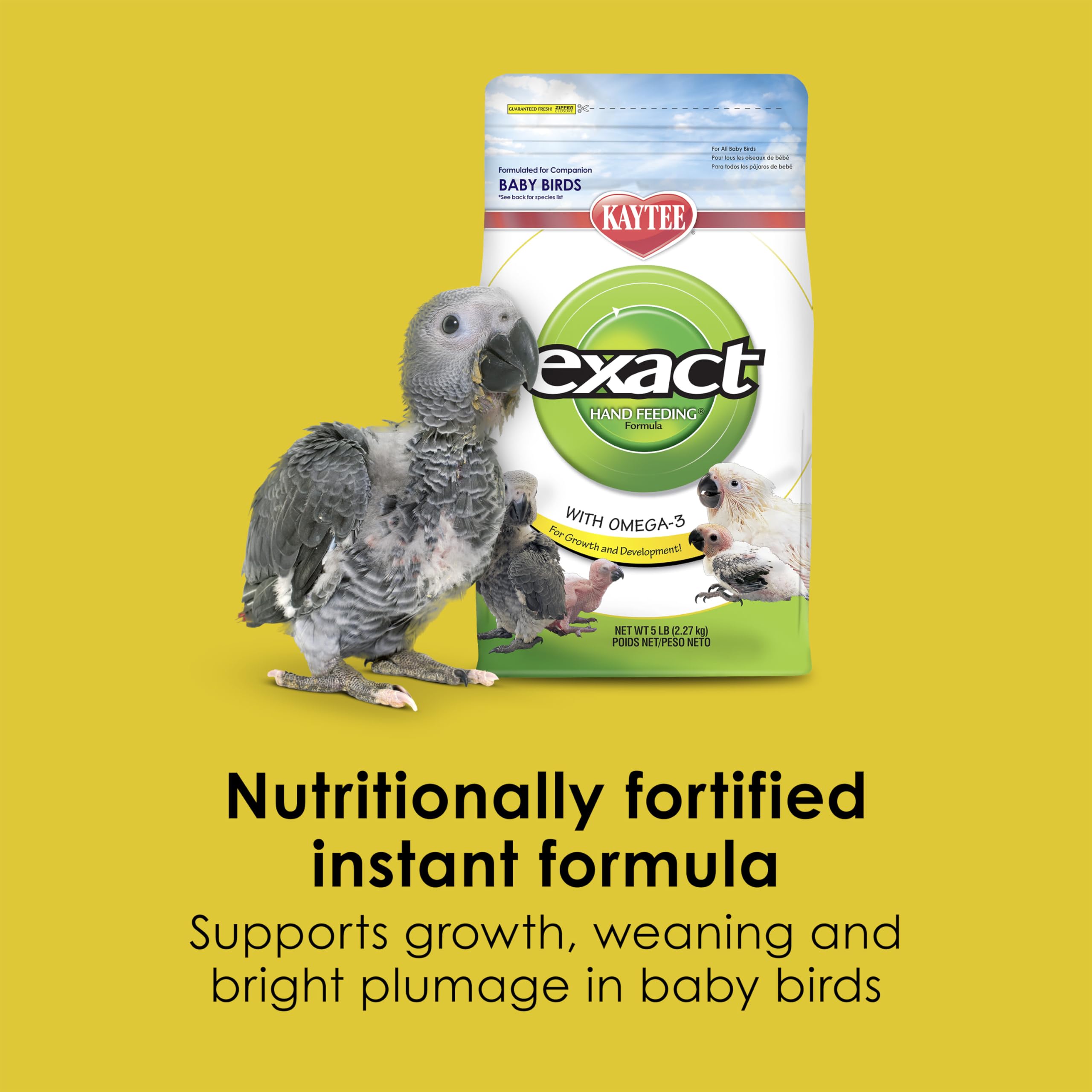 Kaytee Exact probiotic formula jar highlights gut-friendly benefits for nestlings.