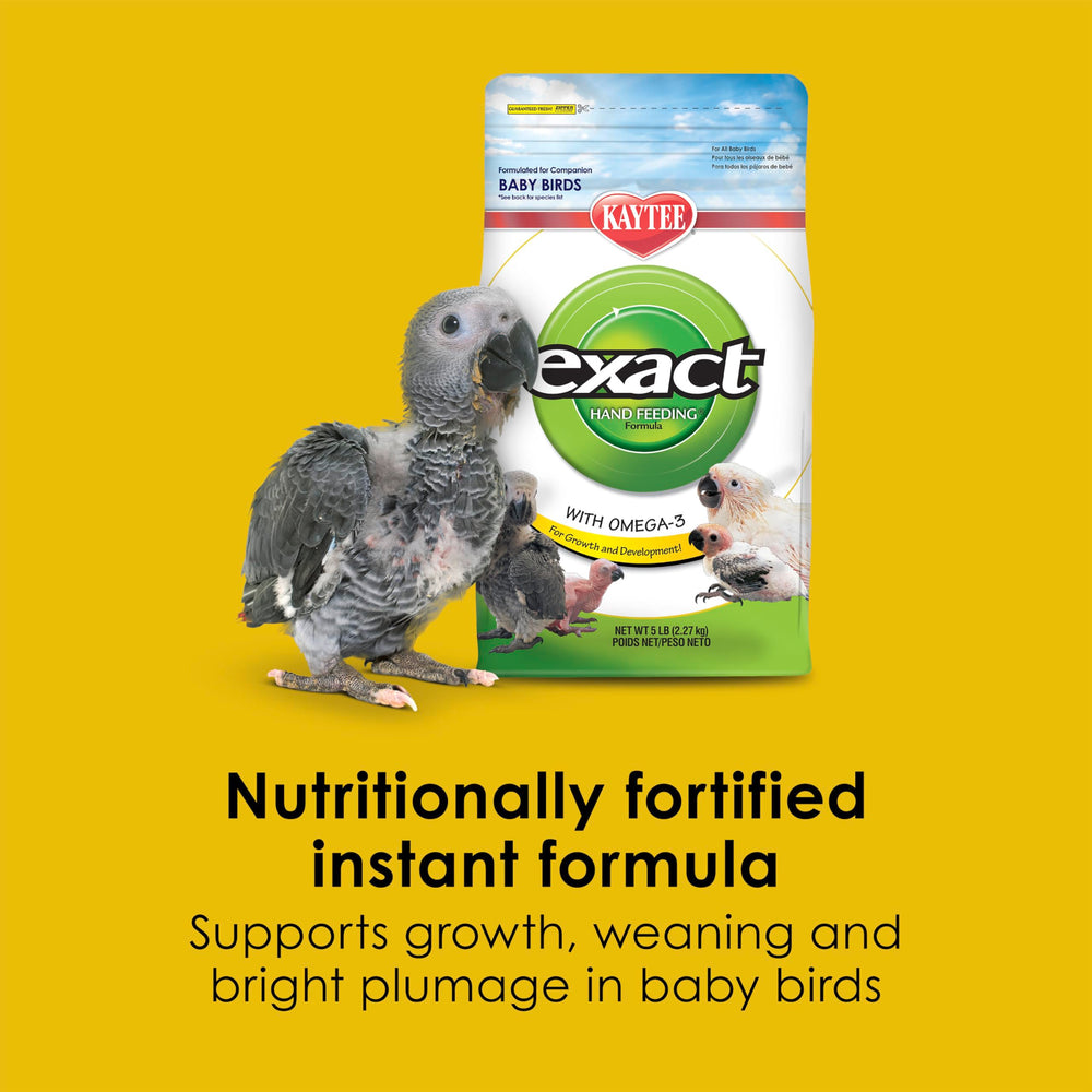 Kaytee Exact probiotic formula jar highlights gut-friendly benefits for nestlings.