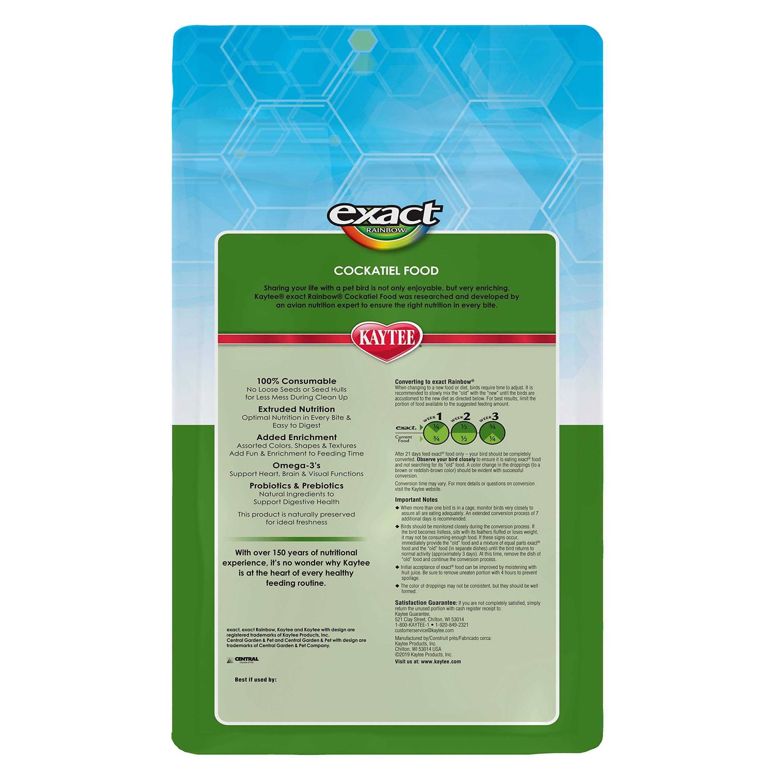 Kaytee Exact Rainbow Cockatiel bag shows premium extruded nutrition and freshness.