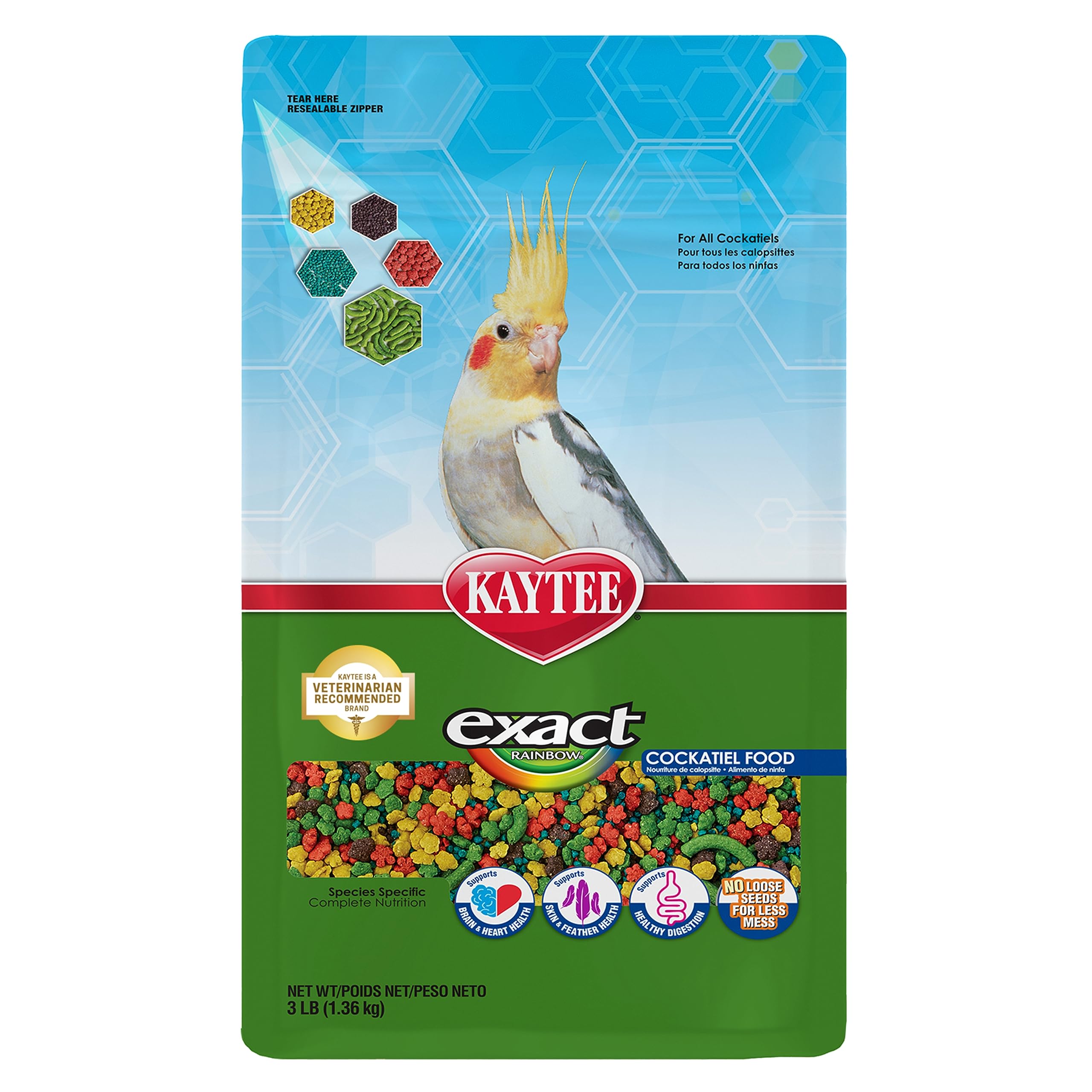 Kaytee Exact Rainbow Cockatiel nuggets in a bowl support vibrant plumage.