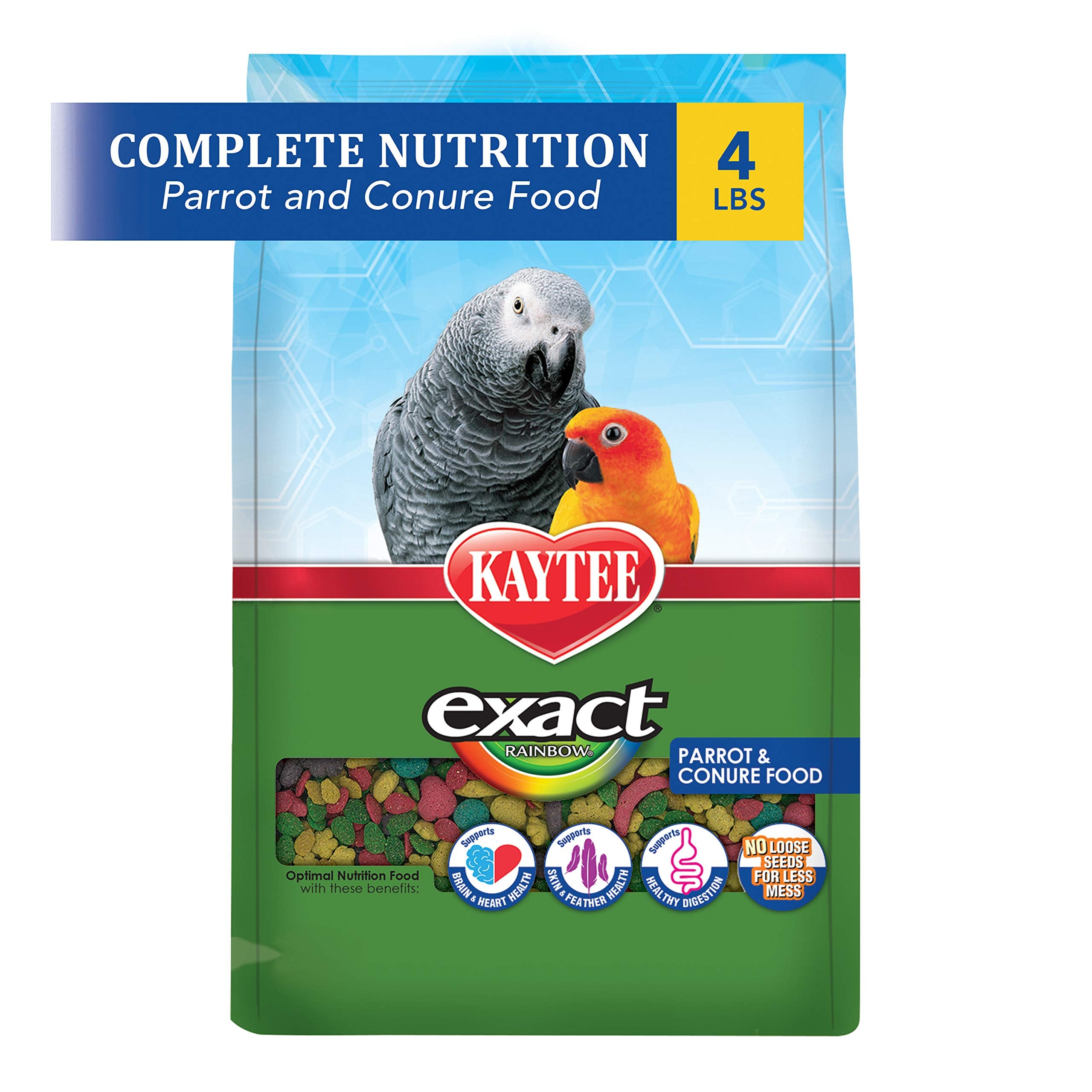 Kaytee Exact Rainbow conure-food-nuggets on dish supports balanced nutrition.