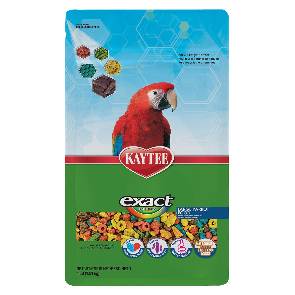 Kaytee Exact Rainbow Large Parrot bag shows premium extruded nutrition for large parrots.
