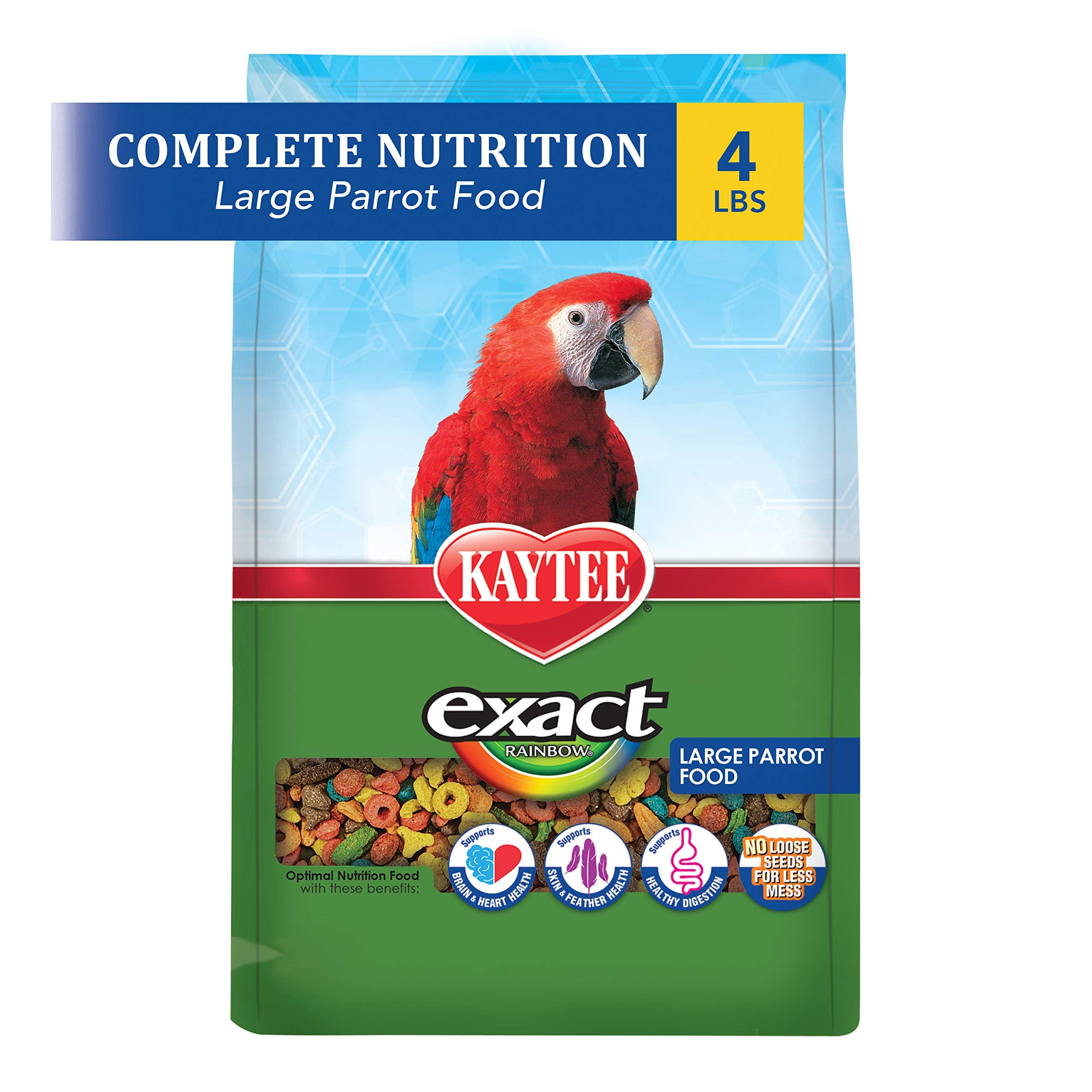 Kaytee Exact Rainbow Large Parrot bowl with colorful nuggets supports a balanced diet.