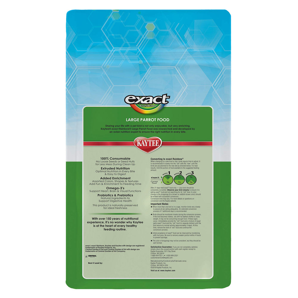 Kaytee Exact Rainbow Large Parrot nuggets close-up shows no shells for mess-free feeding.