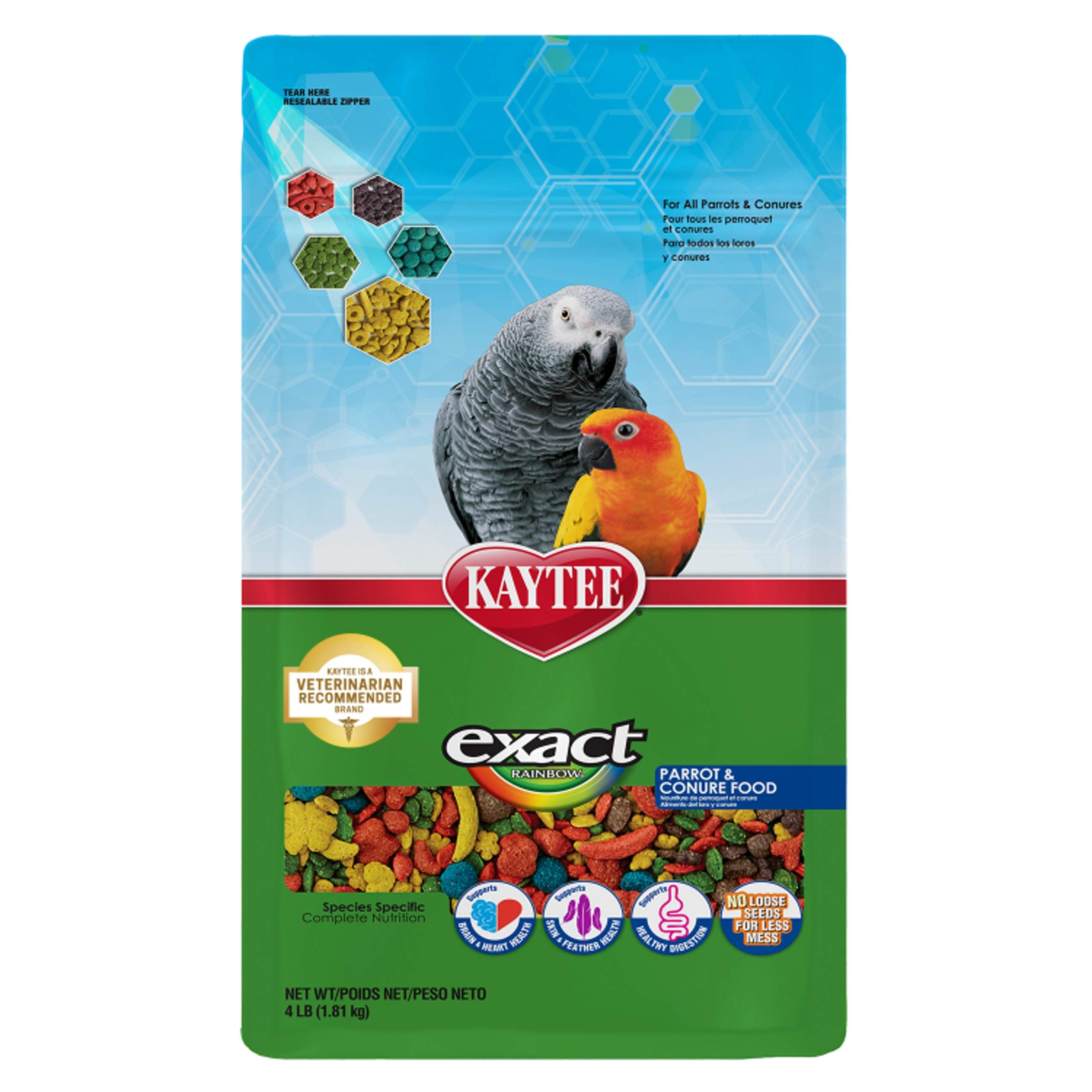 Kaytee Exact Rainbow parrot-food-nuggets in bowl boosts vibrant plumage.