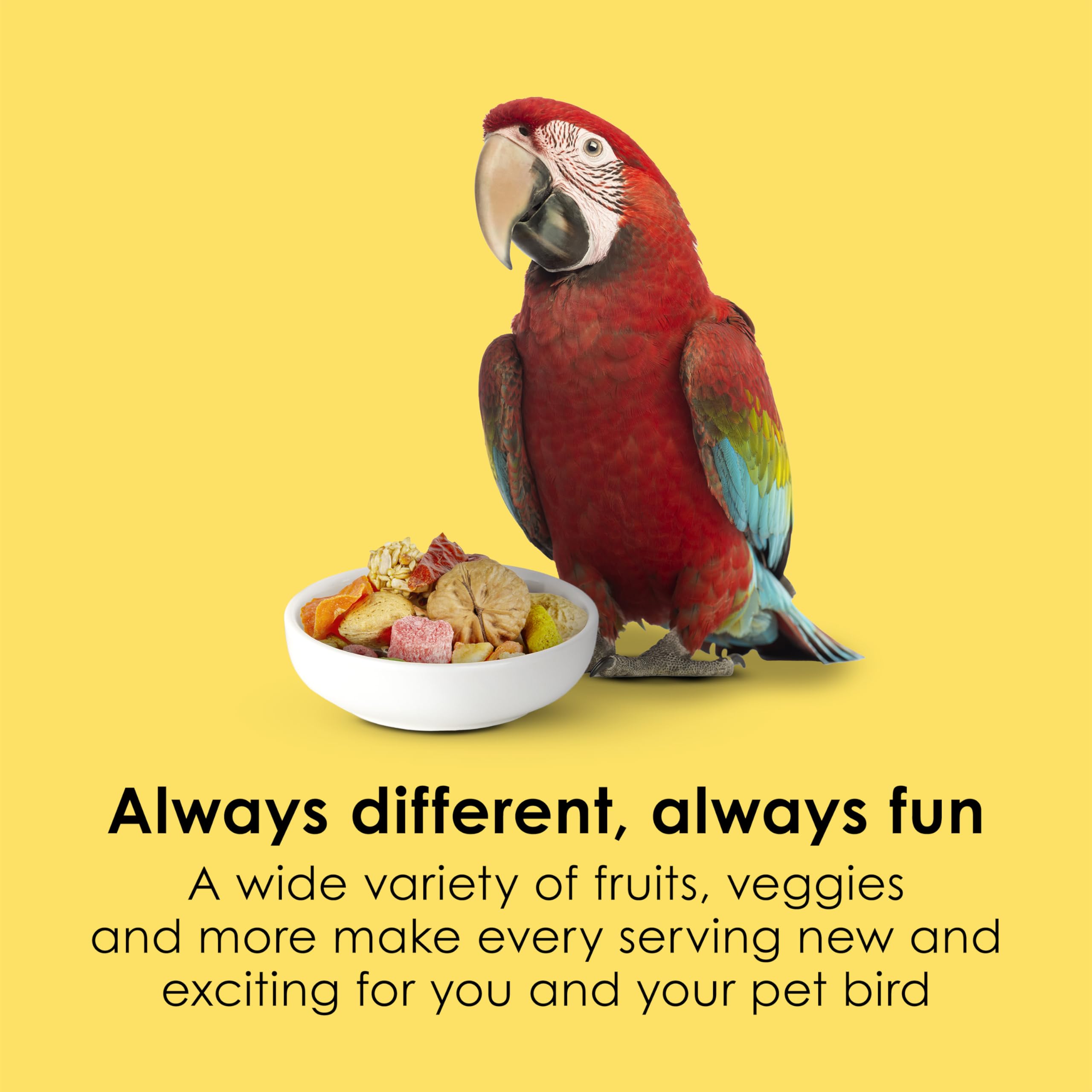 Large-bird ingredients like fruits and vegetables featured in Kaytee Fiesta Big Bites.