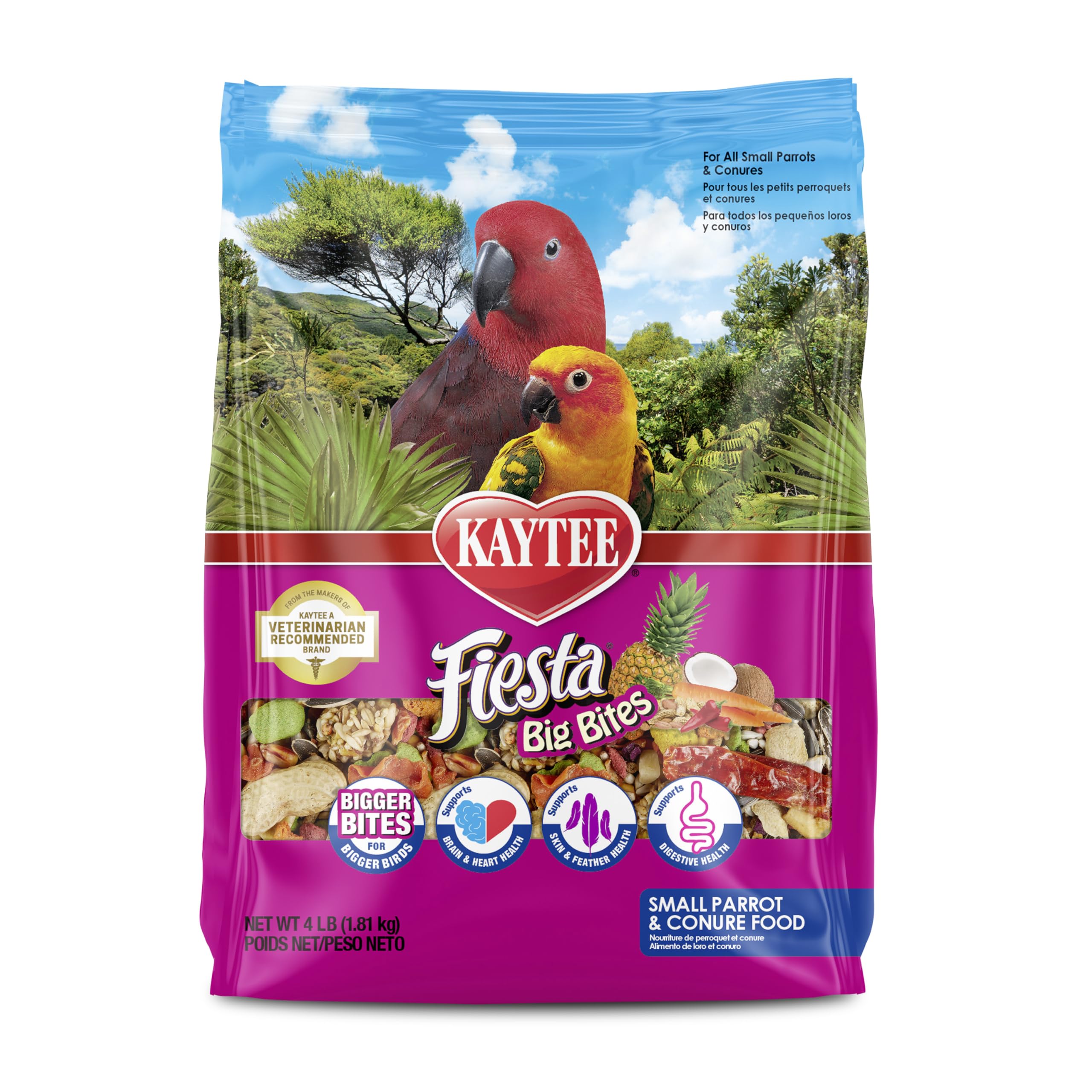 Kaytee Fiesta Big Bites packaging highlights premium ingredients for parrot nutrition