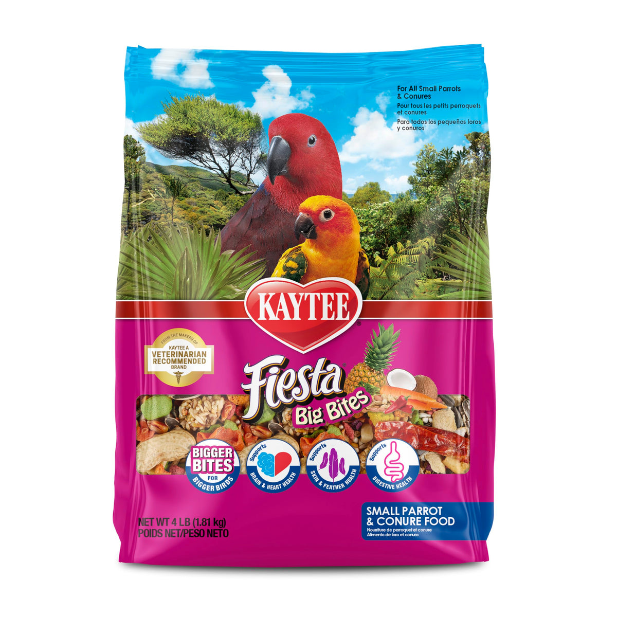 Kaytee Fiesta Big Bites packaging highlights premium ingredients for parrot nutrition