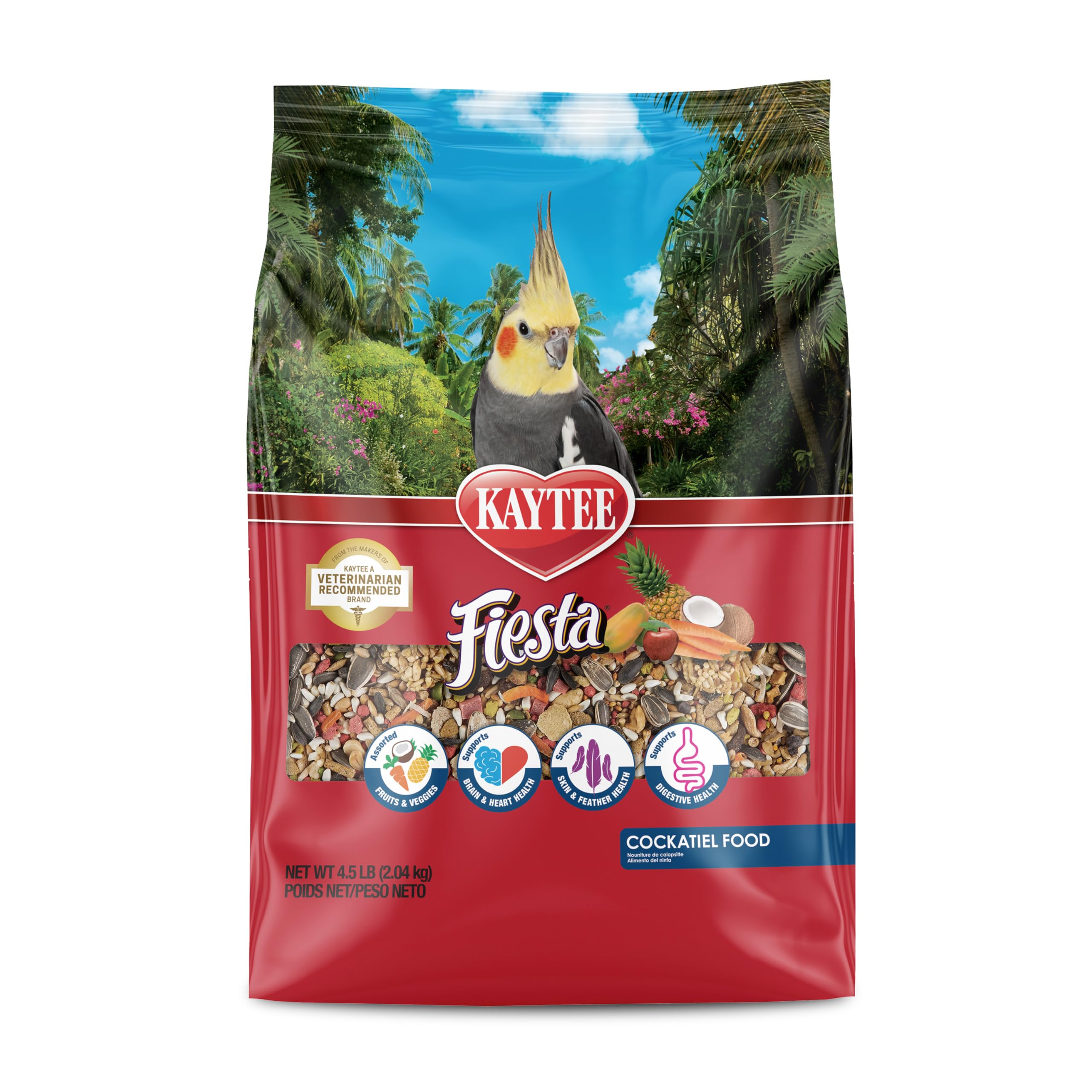 Kaytee Fiesta cockatiel food variety blend in bowl promotes foraging and enrichment
