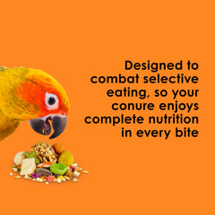 Kaytee Fiesta conure food shapes and chunks invite exploration during meals.