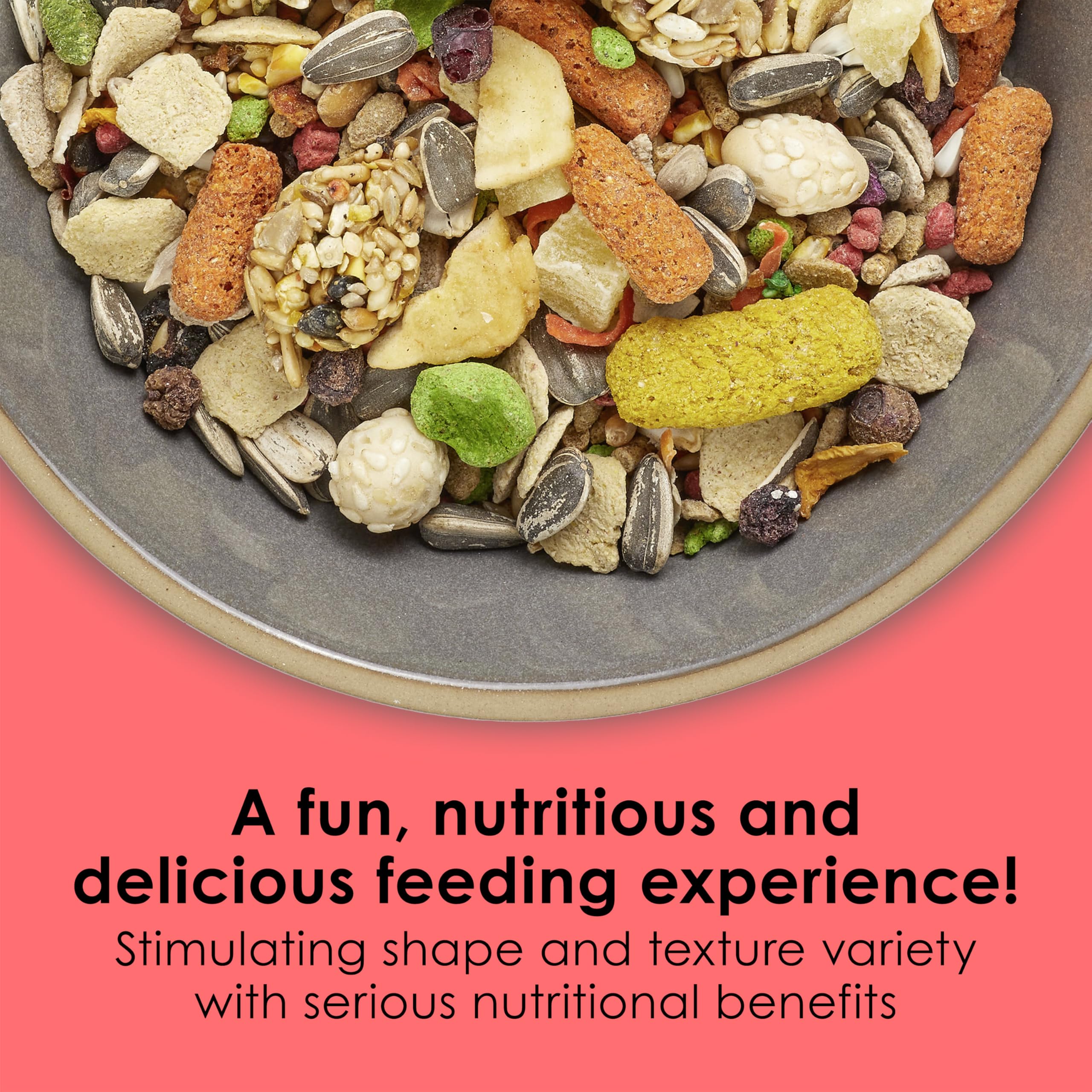 Kaytee Fiesta conure food textures invite interactive feeding and play.