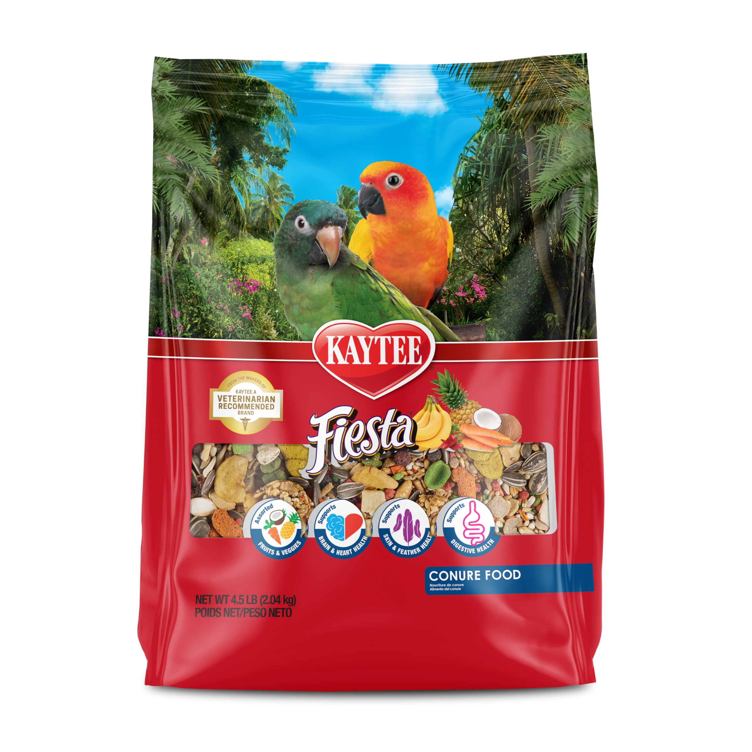 Kaytee Fiesta conure food variety ingredients stimulate foraging and curiosity.