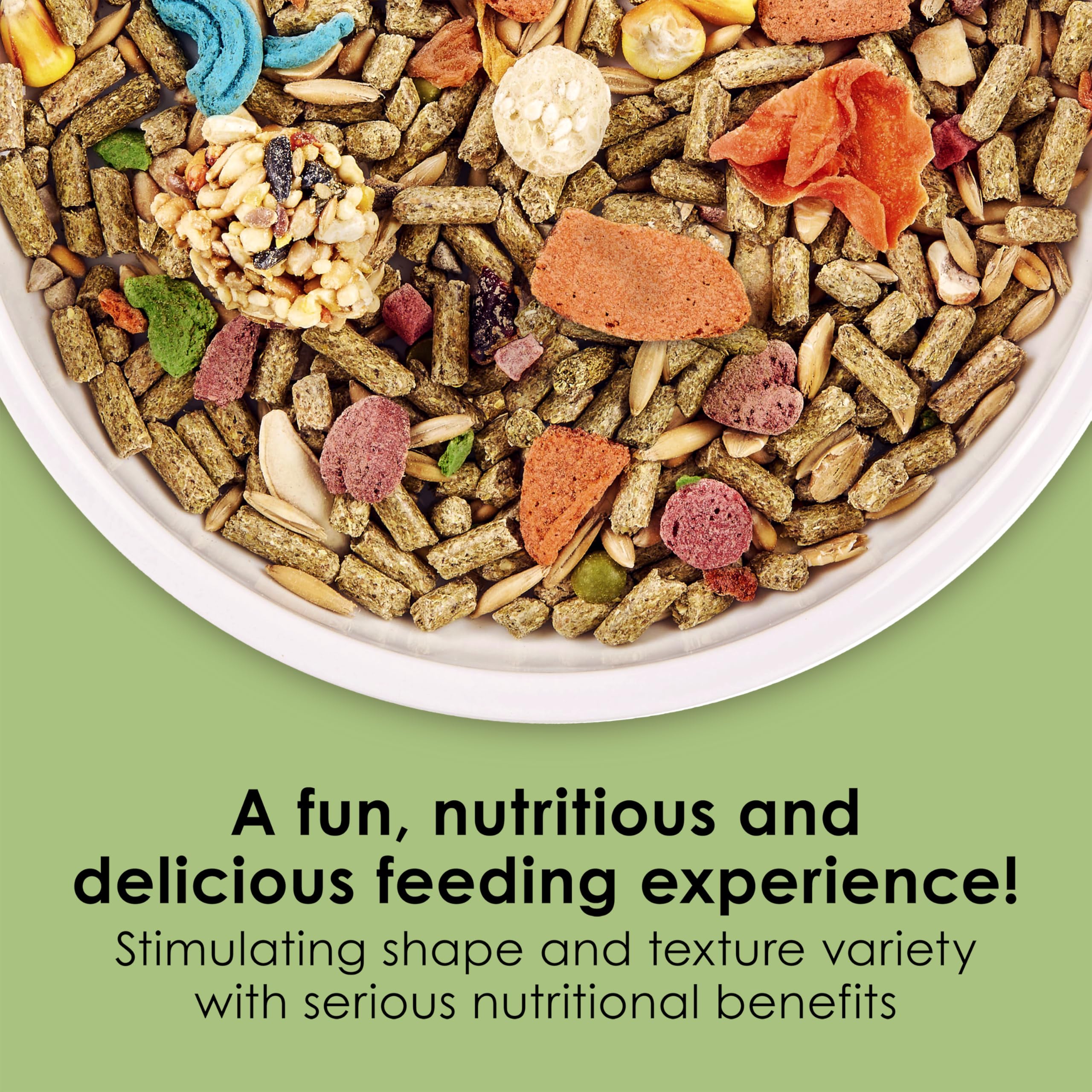Kaytee Fiesta variety meal encourages foraging and engagement during feeding.