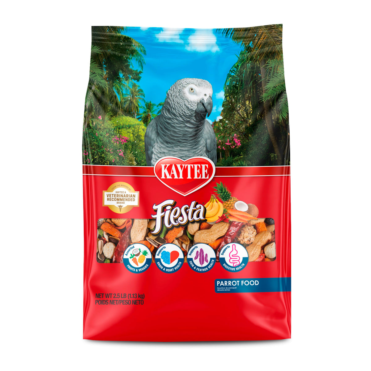 Kaytee Fiesta parrot food bag front shows colorful ingredients for enrichment.