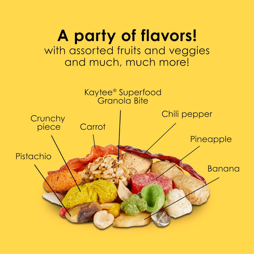 Kaytee Fiesta parrot food seeds and grains provide balanced nutrition.