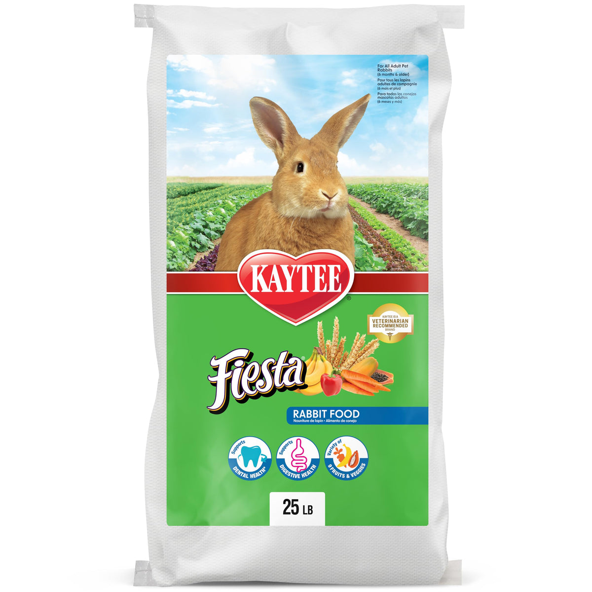 Kaytee Fiesta rabbit food bag highlights enrichment and foraging.